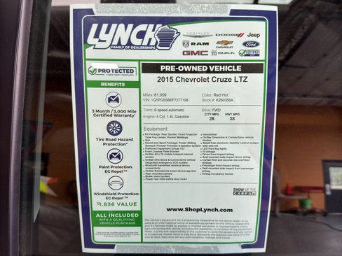 Used 2015 Chevrolet Cruze LTZ w/ Sun, Sound and Sport Package FWD image 34