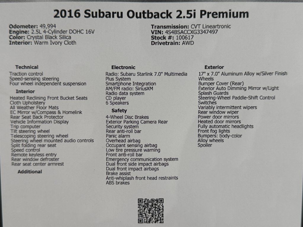 Used 2016 Subaru Outback 2.5i Premium w/ Popular Package #2 AWD/4WD image 49