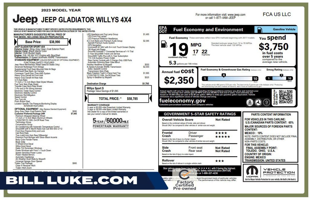 Certified 2023 Jeep Gladiator Sport AWD/4WD image 1