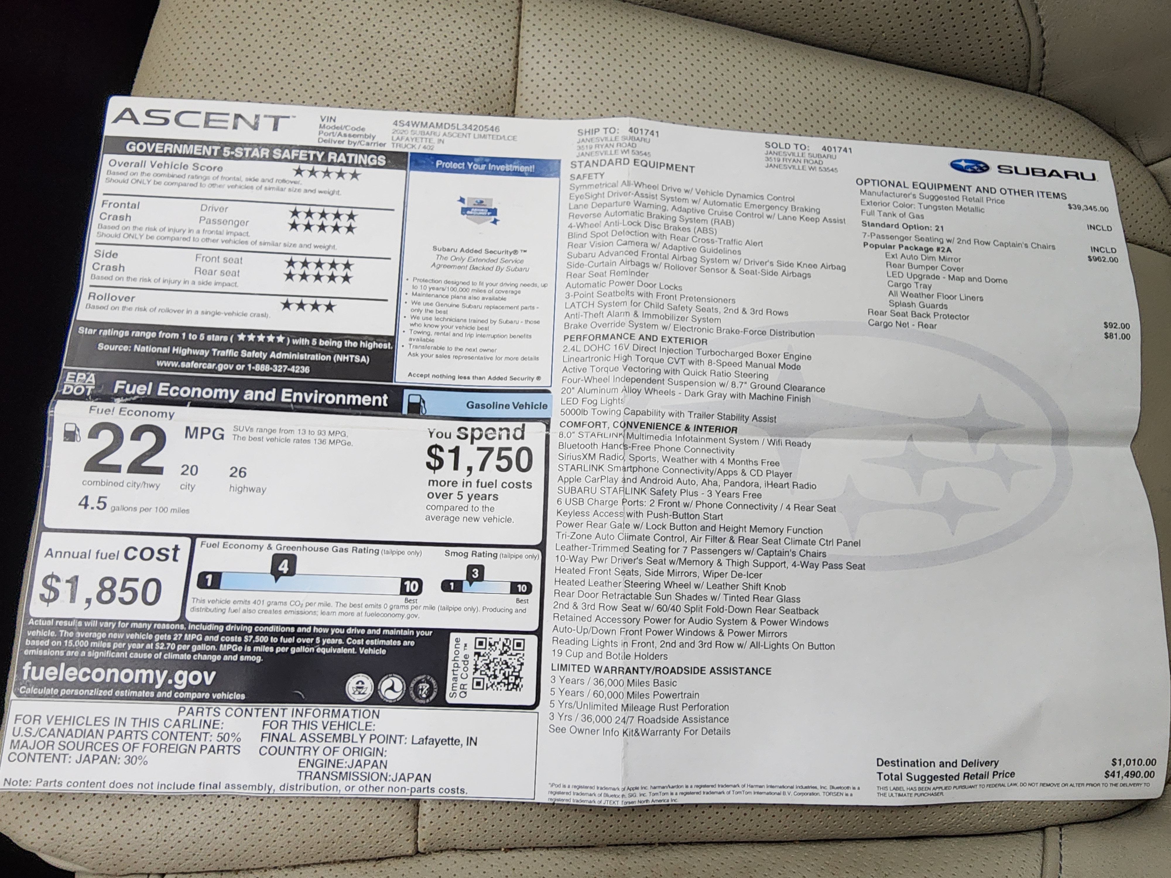 Used 2020 Subaru Ascent Limited w/ Popular Package #2A AWD/4WD image 37