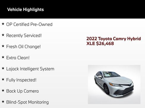 Used 2022 Toyota Camry XLE w/ Navigation Upgrade Package FWD image 2