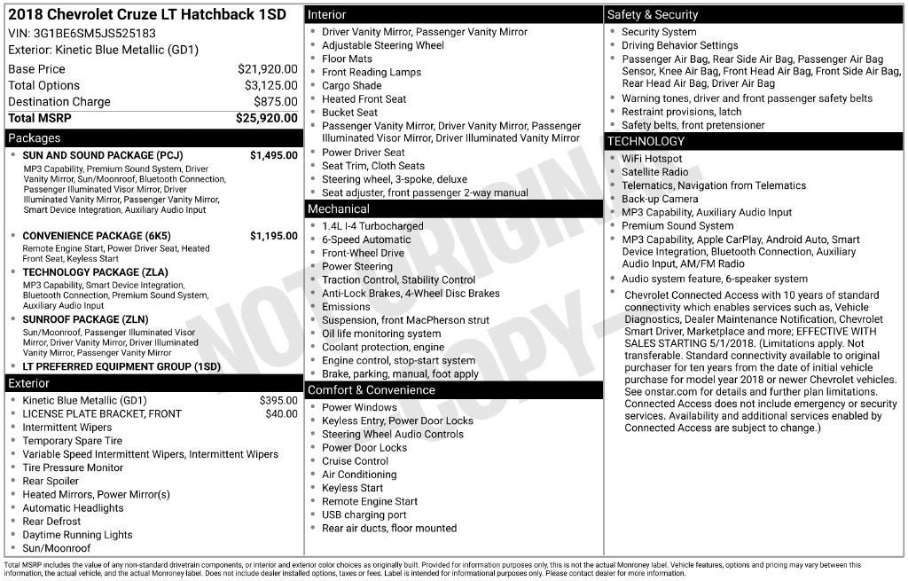 Used 2018 Chevrolet Cruze LT w/ Sun And Sound Package FWD image 3
