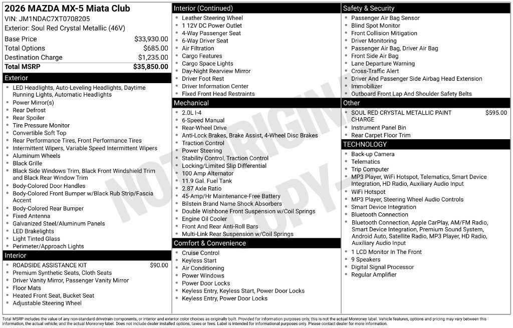 New 2026 MAZDA MX-5 Miata Club RWD image 3