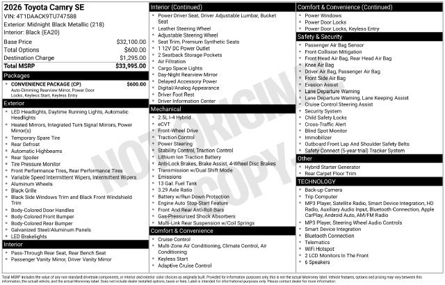 Used 2026 Toyota Camry SE w/ Convenience Package FWD image 4