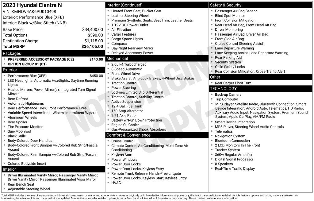 Used 2023 Hyundai Elantra N w/ Preferred Accessory Package FWD image 5