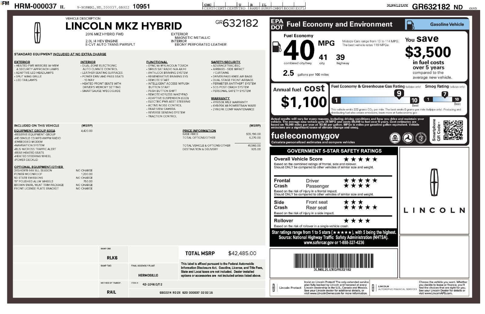 Used 2016 Lincoln MKZ Hybrid w/ Equipment Group 600A Reserve FWD image 3