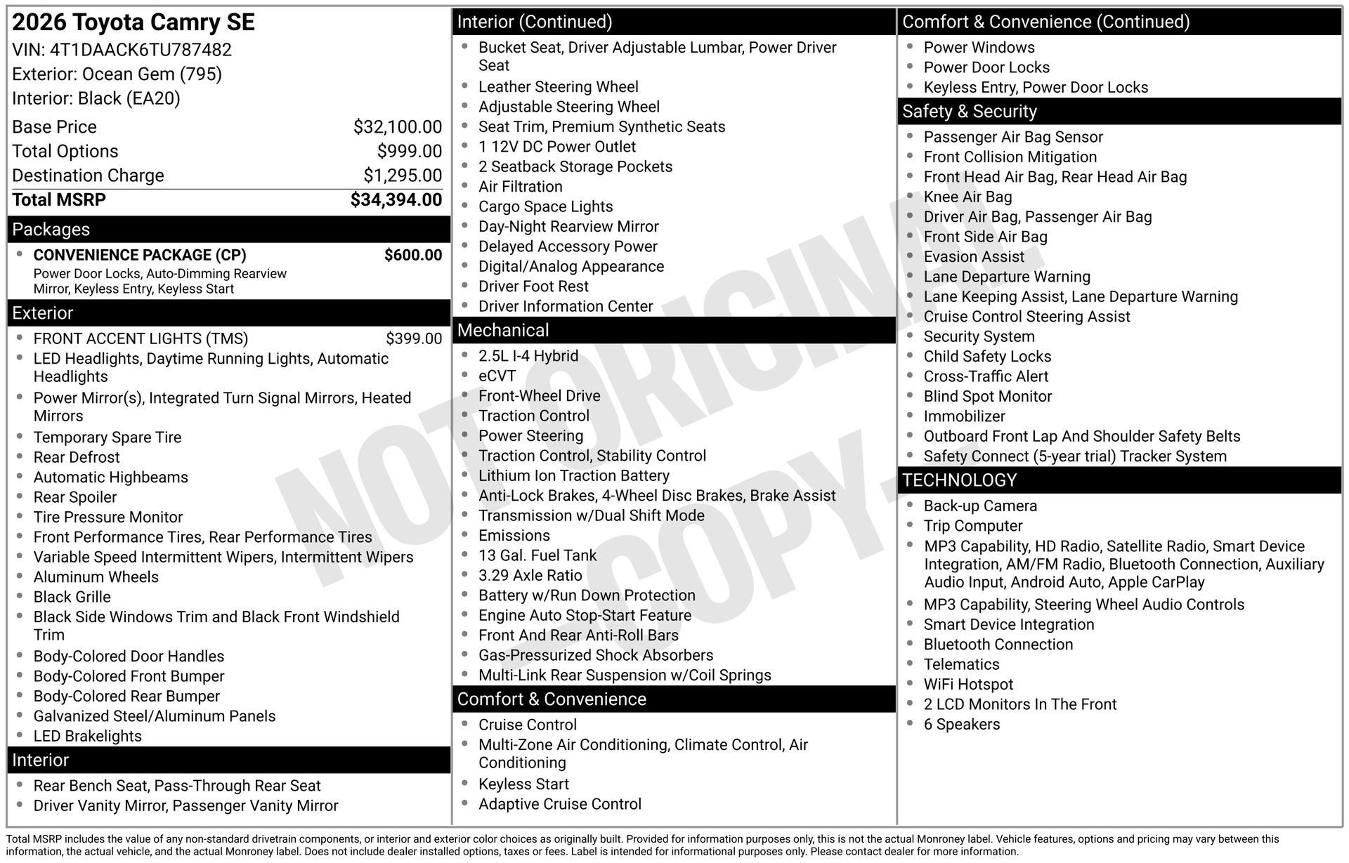 New 2026 Toyota Camry SE w/ Convenience Package FWD image 16