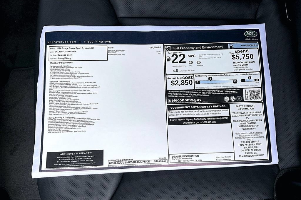 New 2026 Land Rover Range Rover Sport Dynamic SE AWD/4WD image 14