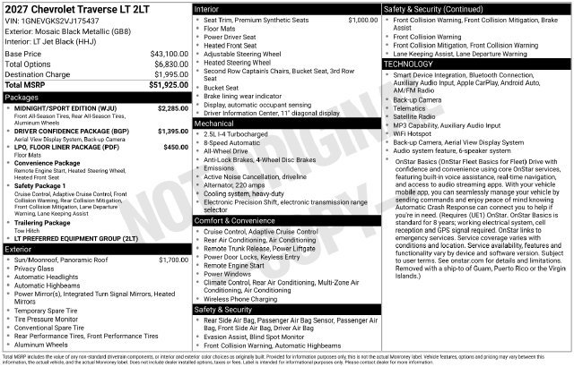 New 2027 Chevrolet Traverse LT w/ Midnight/Sport Edition AWD/4WD image 25