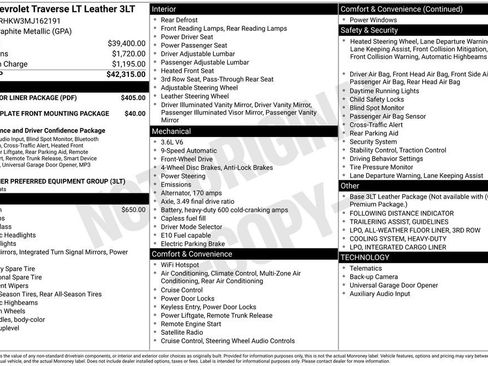 Used 2021 Chevrolet Traverse LT w/ LPO, Floor Liner Package image 1