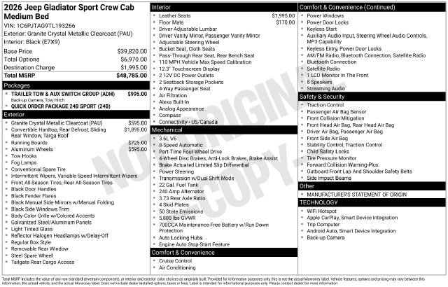 New 2026 Jeep Gladiator Sport AWD/4WD image 6