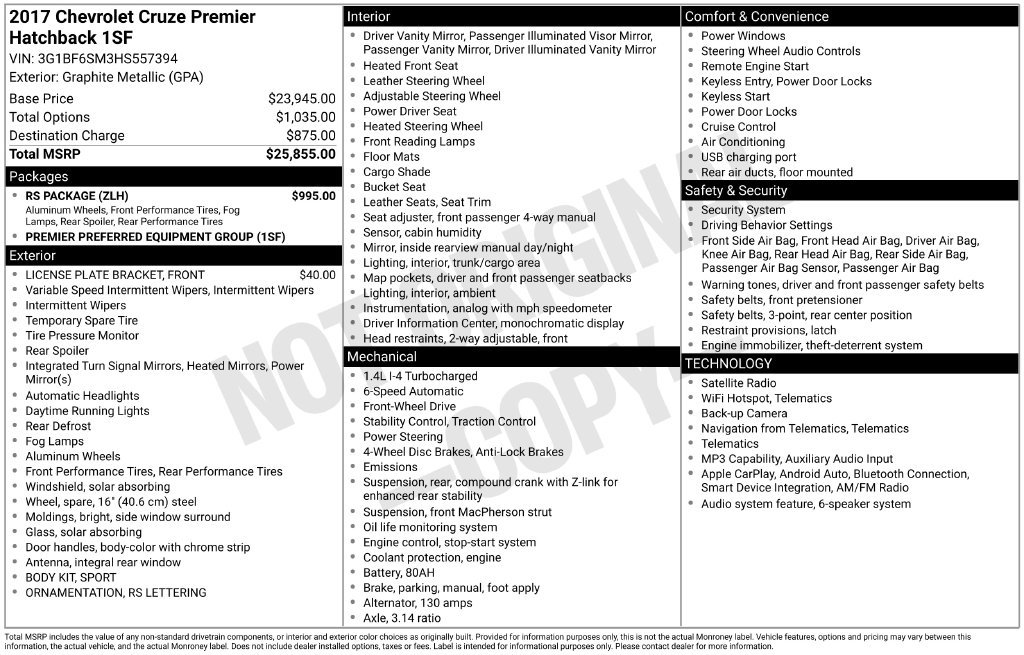 Used 2017 Chevrolet Cruze Premier w/ RS Package FWD image 11