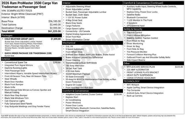 New 2026 RAM ProMaster 3500 w/ Cold Weather Group FWD image 11