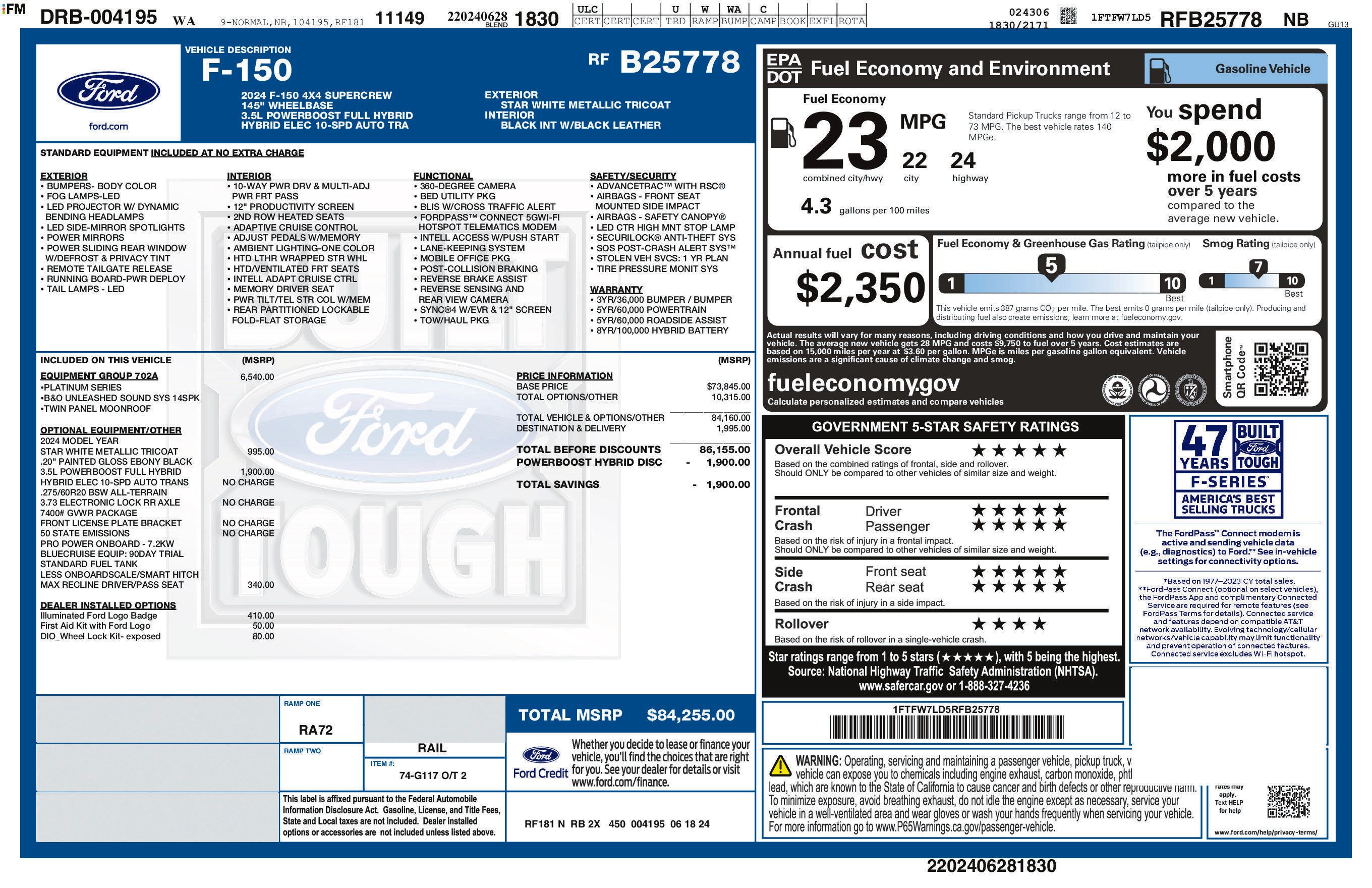 Used 2024 Ford F150 Platinum w/ Equipment Group 702A High AWD/4WD image 1