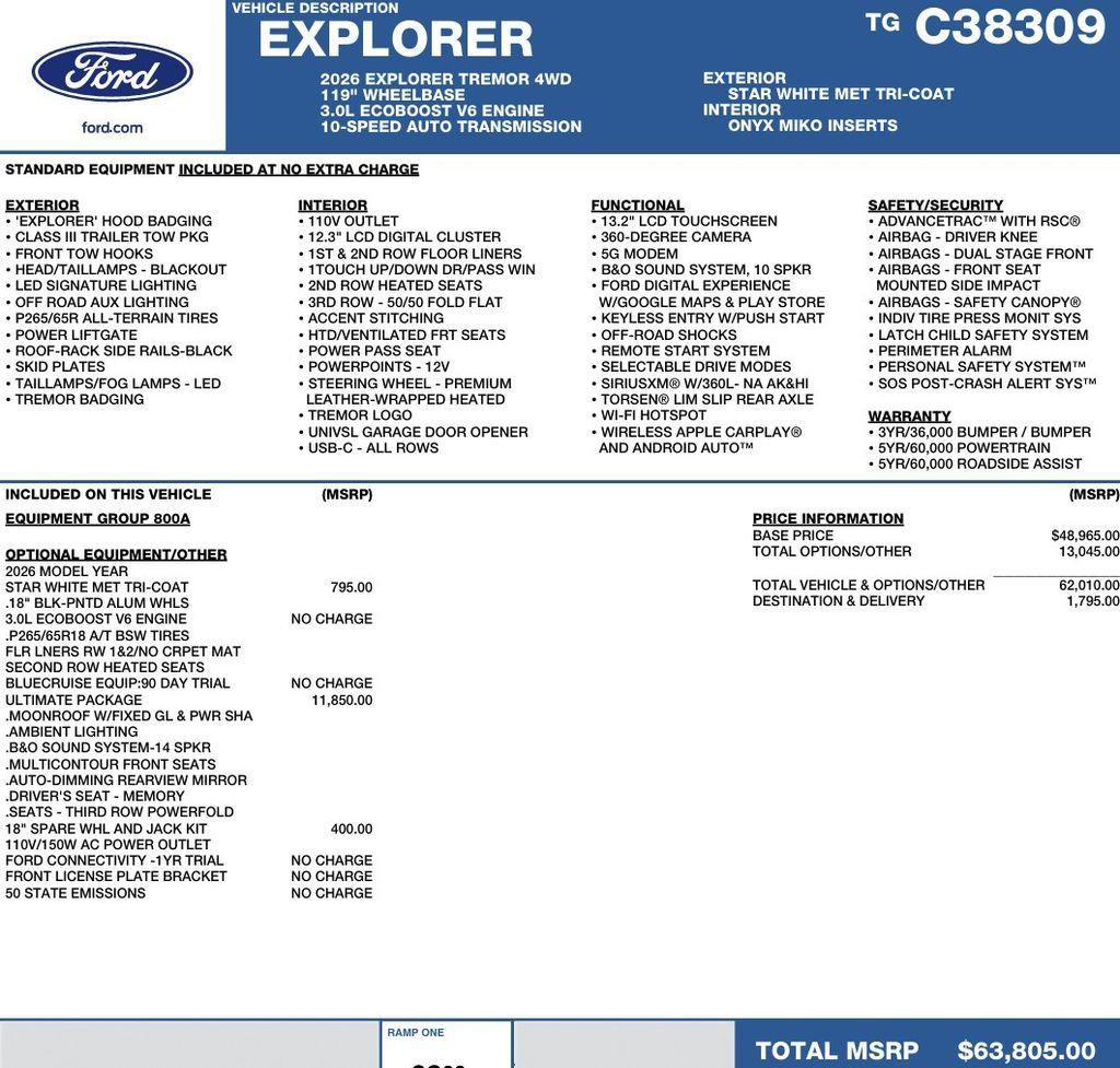 New 2026 Ford Explorer Tremor w/ Tremor Ultimate Package AWD/4WD image 2
