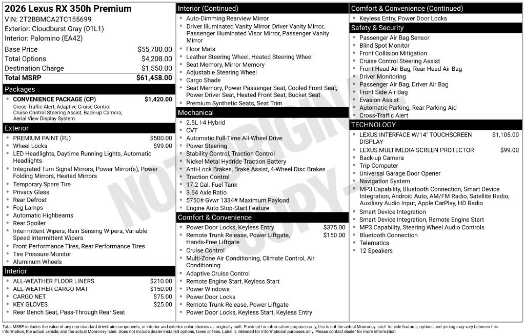 New 2026 Lexus RX 350h w/ Convenience Package AWD/4WD image 4