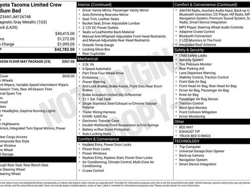 Used 2018 Toyota Tacoma Limited w/ Four Season Floor Mat Package AWD/4WD image 6