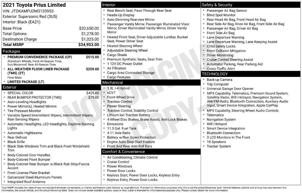 Certified 2021 Toyota Prius Limited w/ Premium Convenience Package FWD image 2