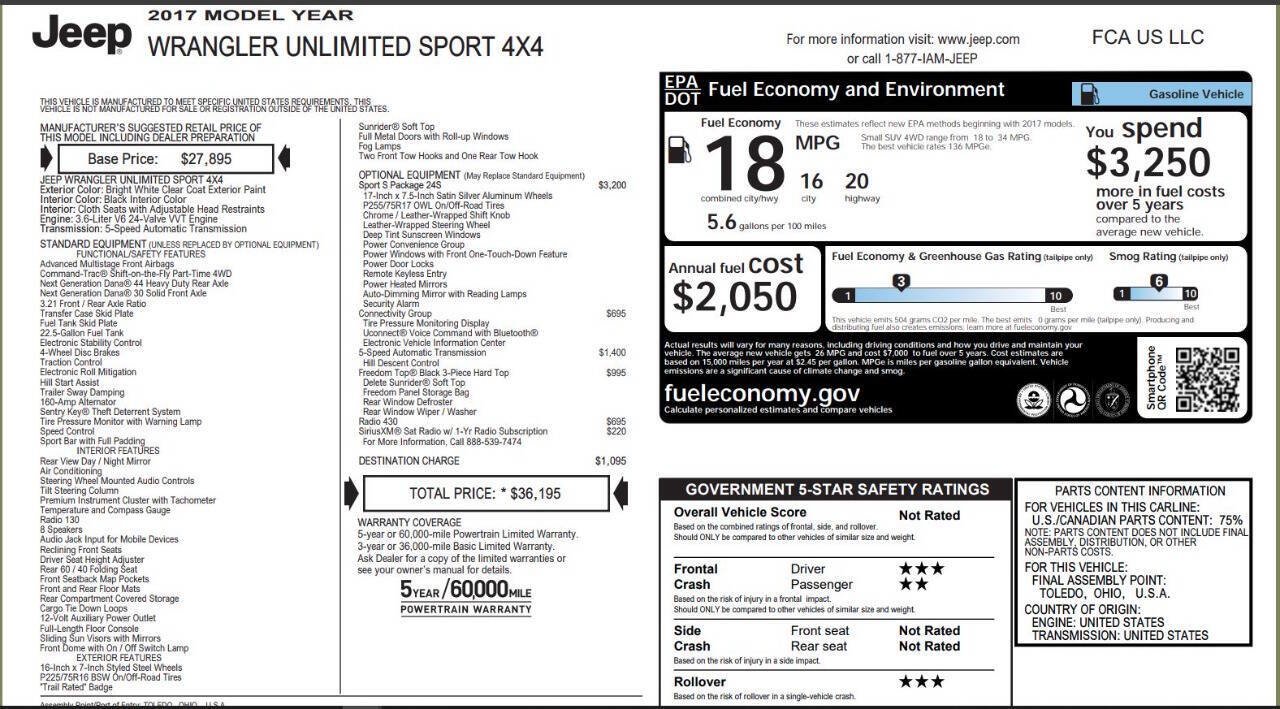 Used 2017 Jeep Wrangler Unlimited Sport w/ Quick Order Package 24S AWD/4WD image 13