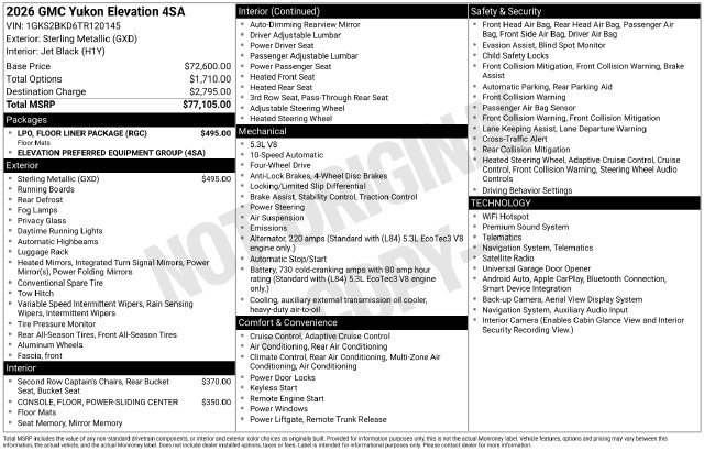 Certified 2026 GMC Yukon Elevation w/ LPO, Floor Liner Package AWD/4WD image 6