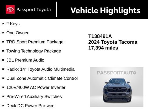 Certified 2024 Toyota Tacoma TRD Sport w/ TRD Sport Premium Package AWD/4WD image 16