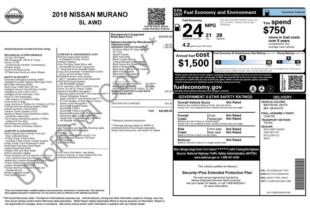 Used 2018 Nissan Murano SL w/ Midnight Edition Package AWD/4WD image 2
