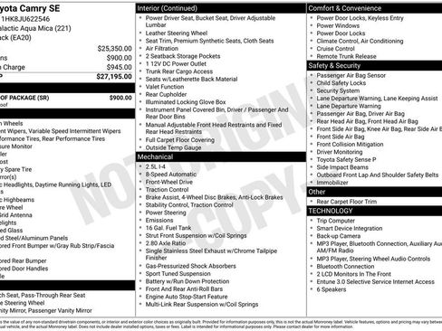 Used 2018 Toyota Camry SE w/ Moonroof Package FWD image 6