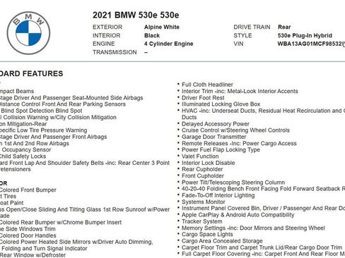 Used 2021 BMW 530e w/ Parking Assistance Package RWD image 15