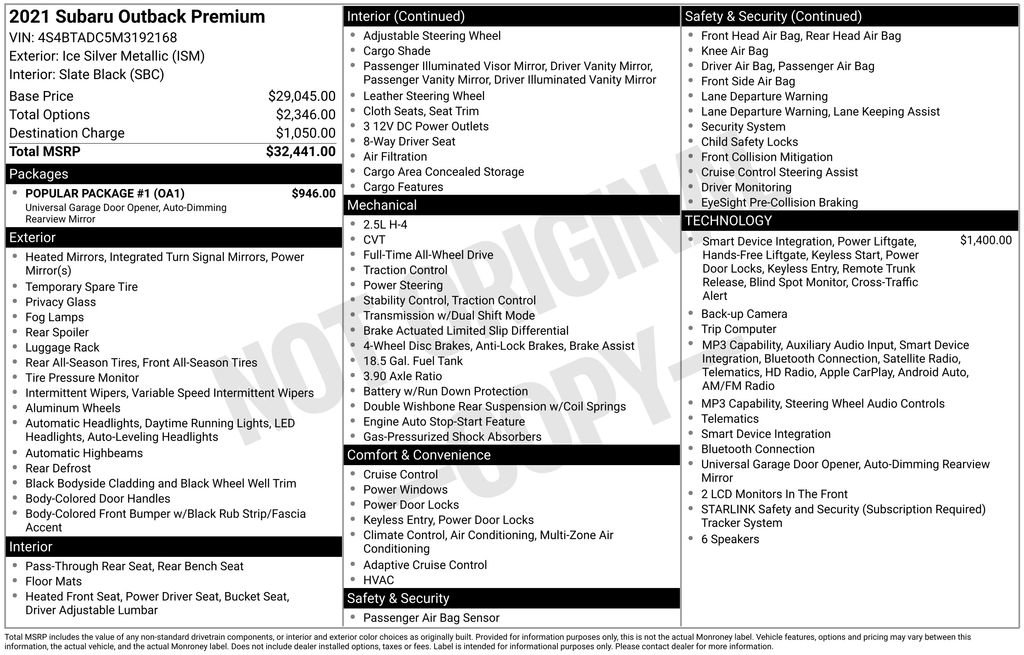 Used 2021 Subaru Outback Premium w/ Popular Package #1 AWD/4WD image 1