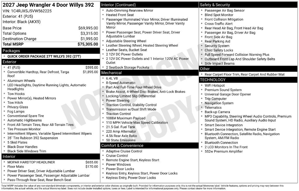 New 2027 Jeep Wrangler Unlimited Rubicon 392 AWD/4WD image 18