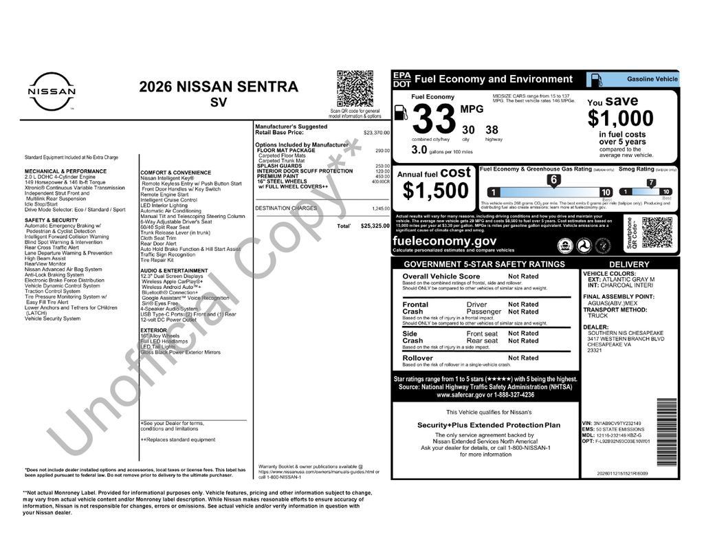 Used 2026 Nissan Sentra SV w/ Floor Mat Package FWD image 6