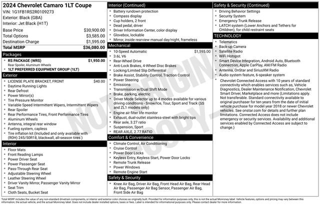 Used 2024 Chevrolet Camaro LT w/ RS Package RWD image 30