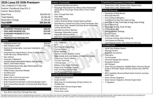 New 2026 Lexus ES 350h AWD w/ Accessory Package (K3) image 1