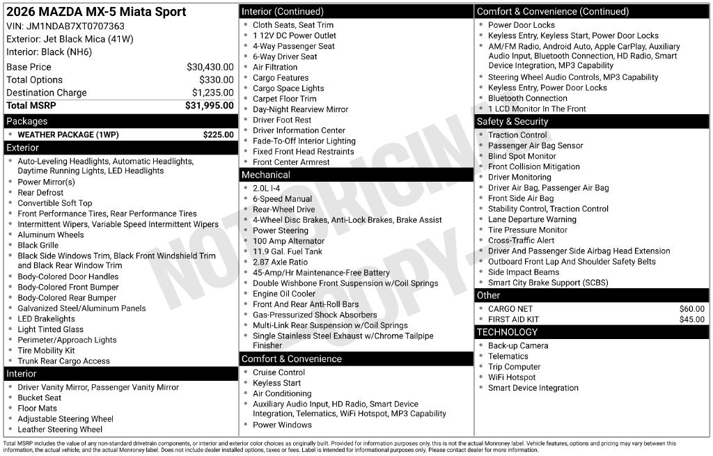 New 2026 MAZDA MX-5 Miata Sport w/ Weather Package RWD image 3