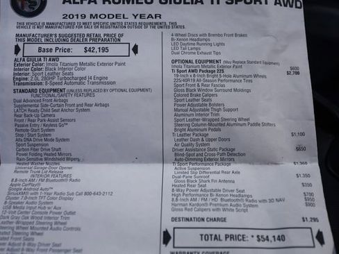 Used 2019 Alfa Romeo Giulia Ti Sport w/ Quick Order Package 22S Sport AWD/4WD image 67