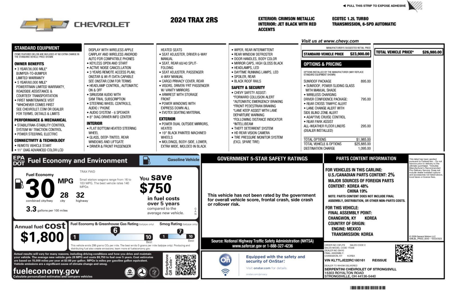 Used 2024 Chevrolet Trax RS w/ Sunroof Package FWD image 48