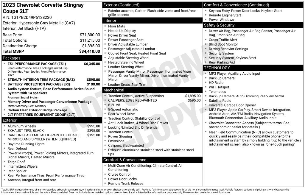 Used 2023 Chevrolet Corvette Stingray Preferred Cpe w/ Z51 Performance Package RWD image 11