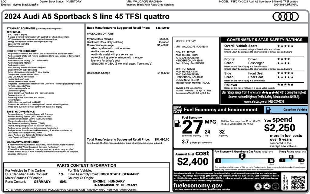 Used 2024 Audi A5 2.0T Premium w/ Convenience Package AWD/4WD image 4