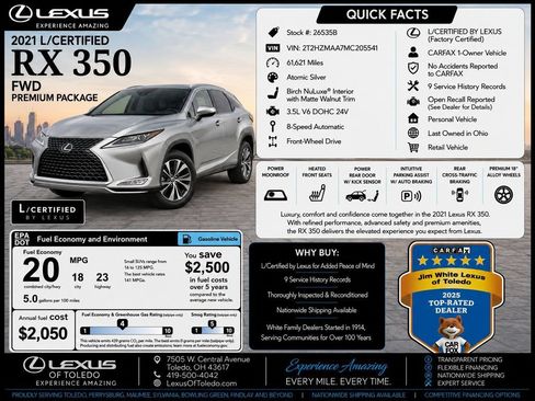Certified 2021 Lexus RX 350 FWD w/ Premium Package image 1