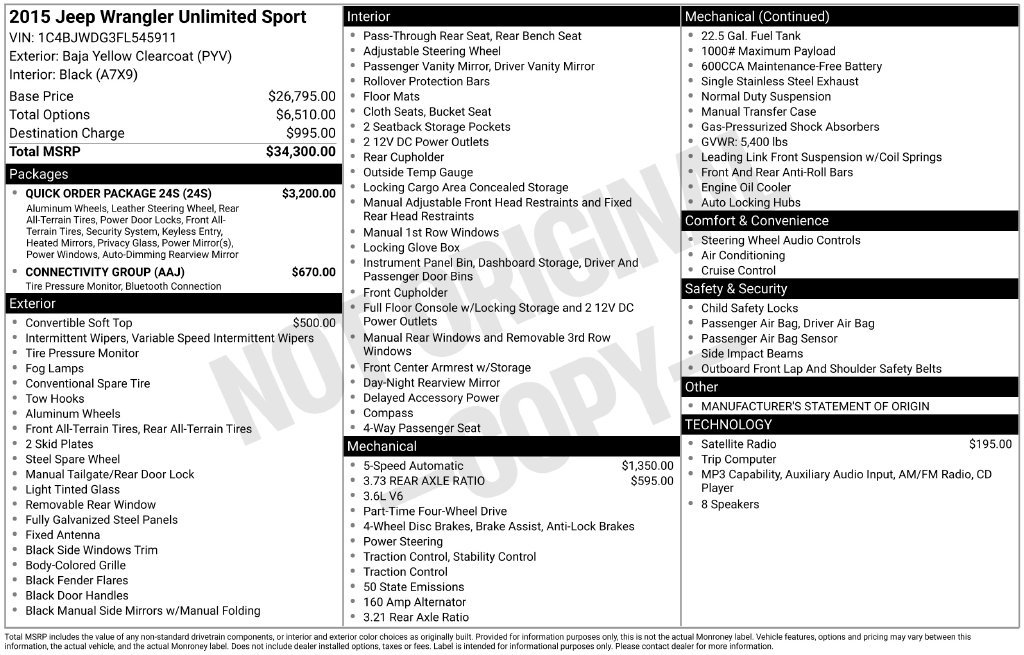 Used 2015 Jeep Wrangler Unlimited Sport w/ Quick Order Package 24S AWD/4WD image 2
