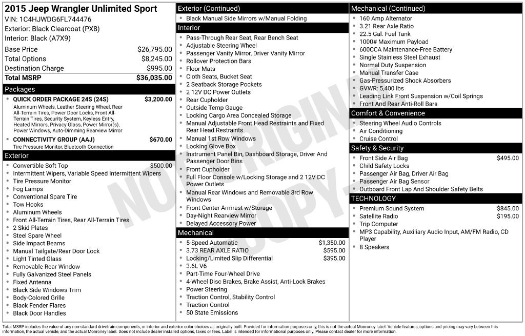 Used 2015 Jeep Wrangler Unlimited Sport w/ Quick Order Package 24S AWD/4WD image 12