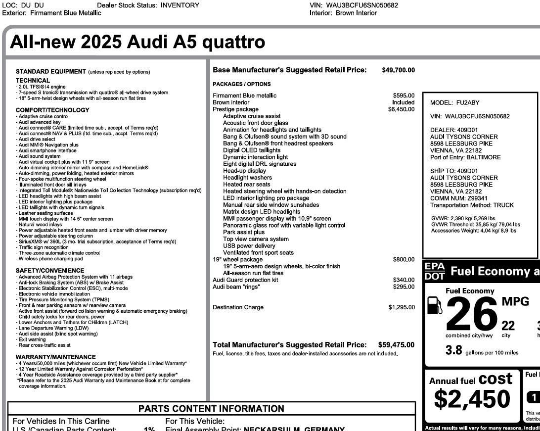 Used 2025 Audi A5 2.0T Prestige AWD/4WD image 3
