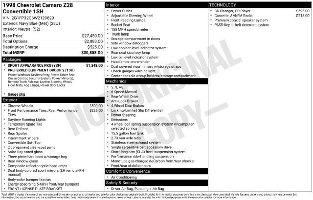 Used 1998 Chevrolet Camaro Z28 w/ Sport Appearance Pkg RWD image 16