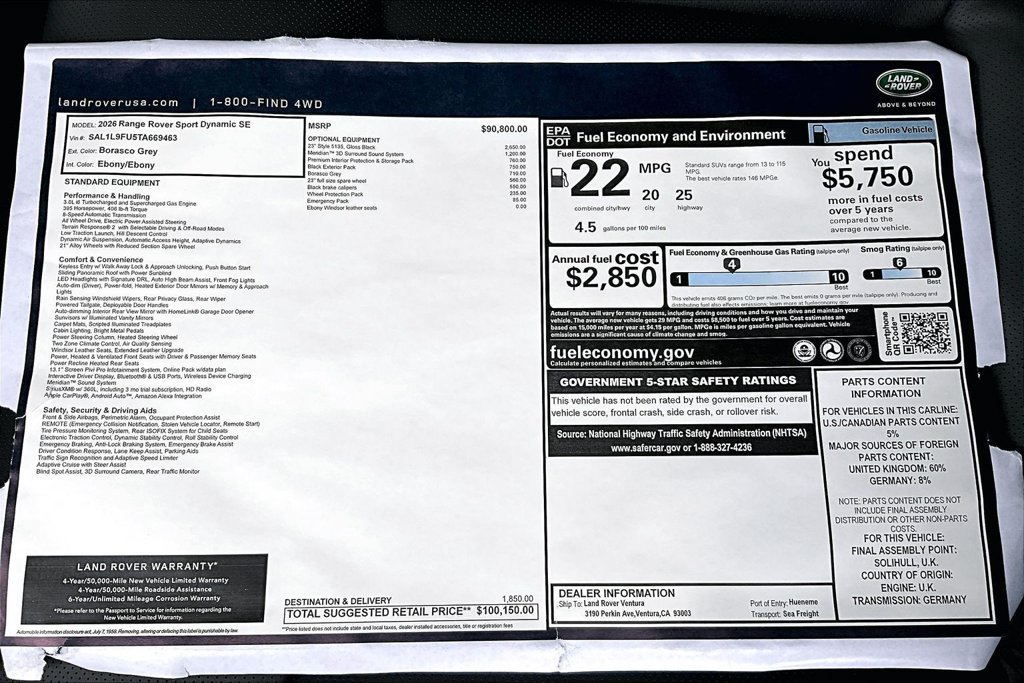 New 2026 Land Rover Range Rover Sport Dynamic SE AWD/4WD image 14