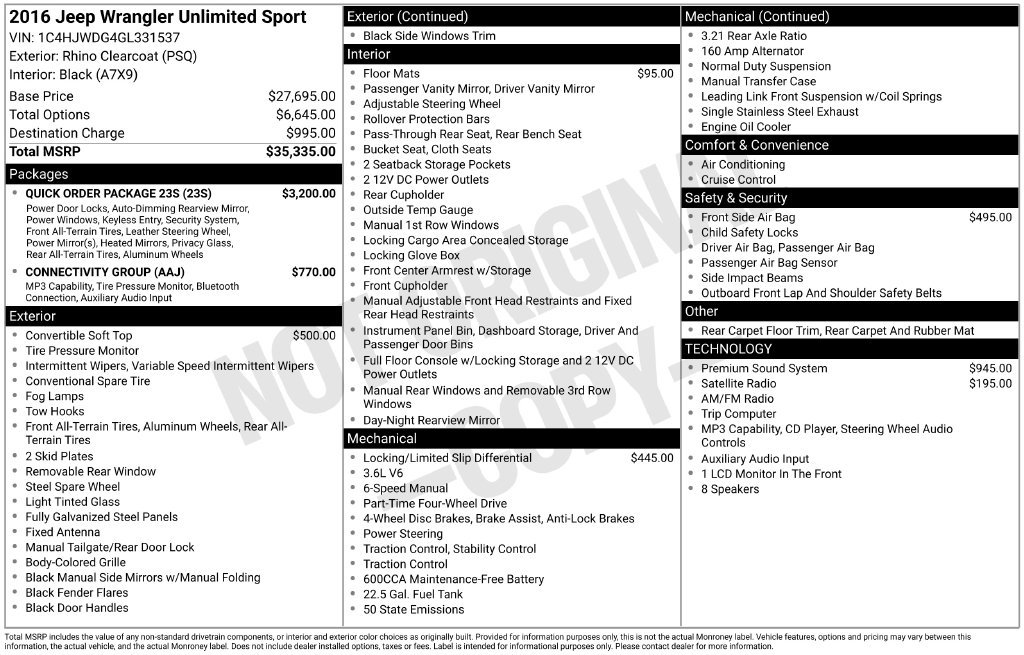Used 2016 Jeep Wrangler Unlimited Sport w/ Quick Order Package 23S AWD/4WD image 41