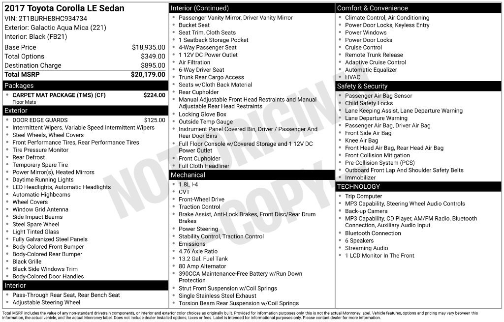 Certified 2017 Toyota Corolla LE w/ Carpet Mat Package (TMS) FWD image 3