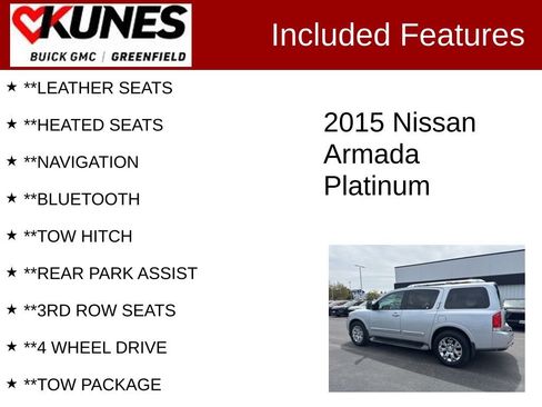 Used 2015 Nissan Armada Platinum w/ 2nd Row Captain Seat Package AWD/4WD image 2
