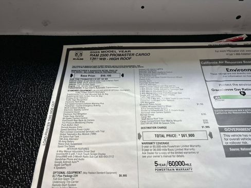 New 2025 RAM ProMaster 2500 w/ Quick Order Package 22H SLT+ image 5