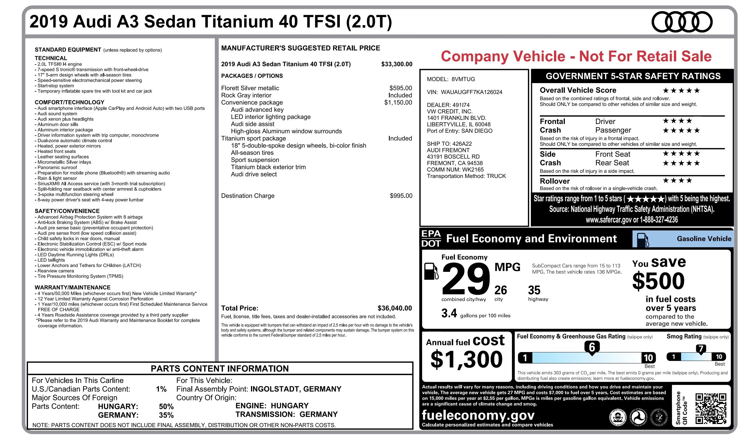 Used 2019 Audi A3 2.0T Titanium w/ Convenience Package FWD image 3
