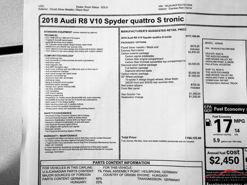 Used 2018 Audi R8 V10 w/ Carbon Exterior Package AWD/4WD image 87